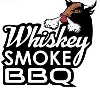Logo for "whiskey smoke bbq" featuring a stylized bull with smoke clouds coming out of its nostrils, overlaid on bold, black text. - Arkansas BBQ Catering Services