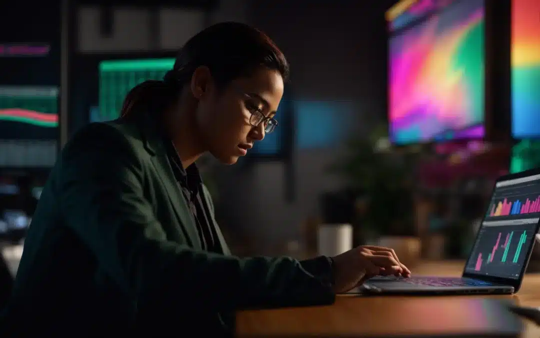 a focused and vibrant workspace featuring a small business owner analyzing seo tools on a sleek laptop, surrounded by colorful charts and graphs that symbolize growth and value in digital marketing.