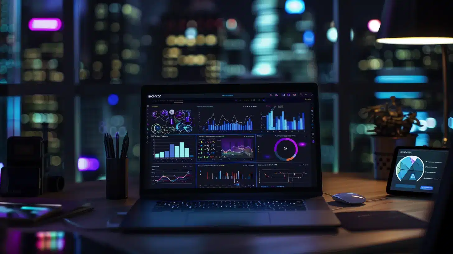 a dynamic visualization of a digital workspace, featuring a glowing laptop screen displaying colorful graphs and charts, symbolizing the essential functions of seo tools including keyword research, backlink analysis, and rank tracking, illuminated by soft ambient lighting for a modern and innovative atmosphere.