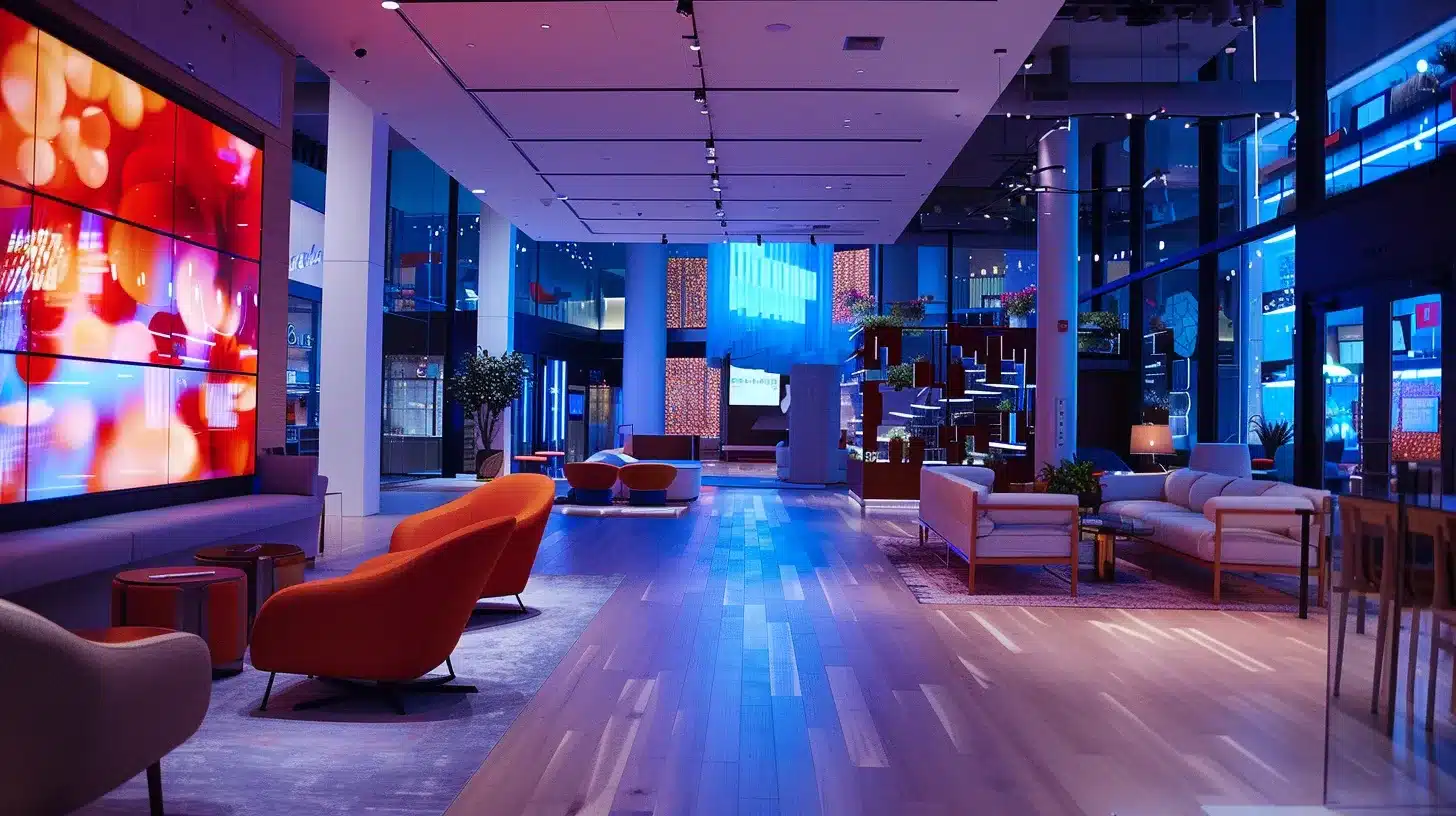 a modern office workspace, sleek and meticulously organized, showcases an array of cutting-edge technology and vibrant energy, emphasizing productivity and innovation in a bustling urban environment.