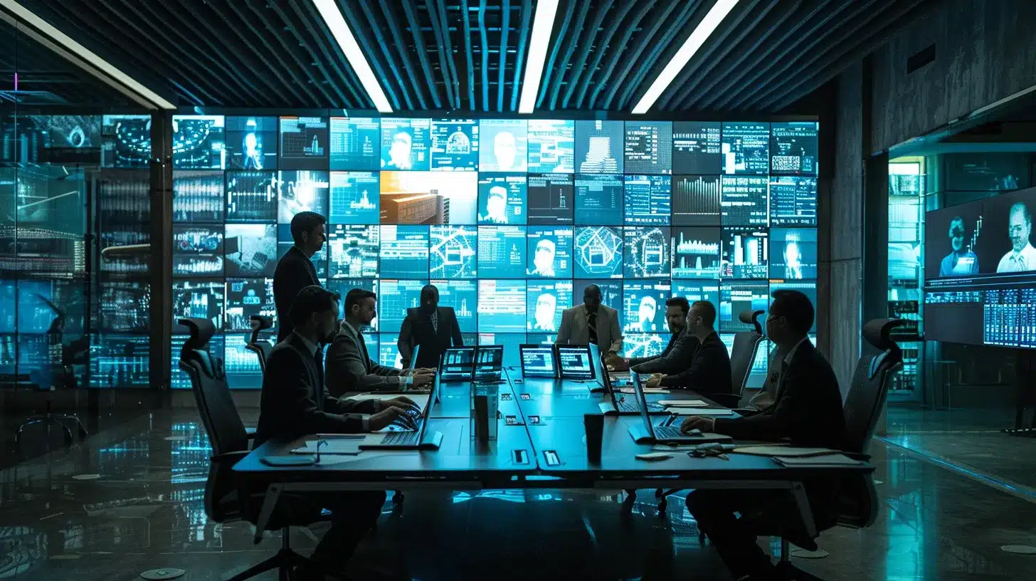 a sleek, modern office bustling with professionals engaged in collaborative discussions around a high-tech conference table, illuminated by bright led panels overhead, creating an atmosphere of innovation and productivity.