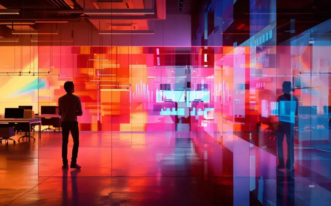 a sleek, modern office filled with dynamic, high-tech equipment showcases a focused professional deep in thought, illuminated by the soft glow of multiple screens reflecting the vibrant colors of data visualizations.