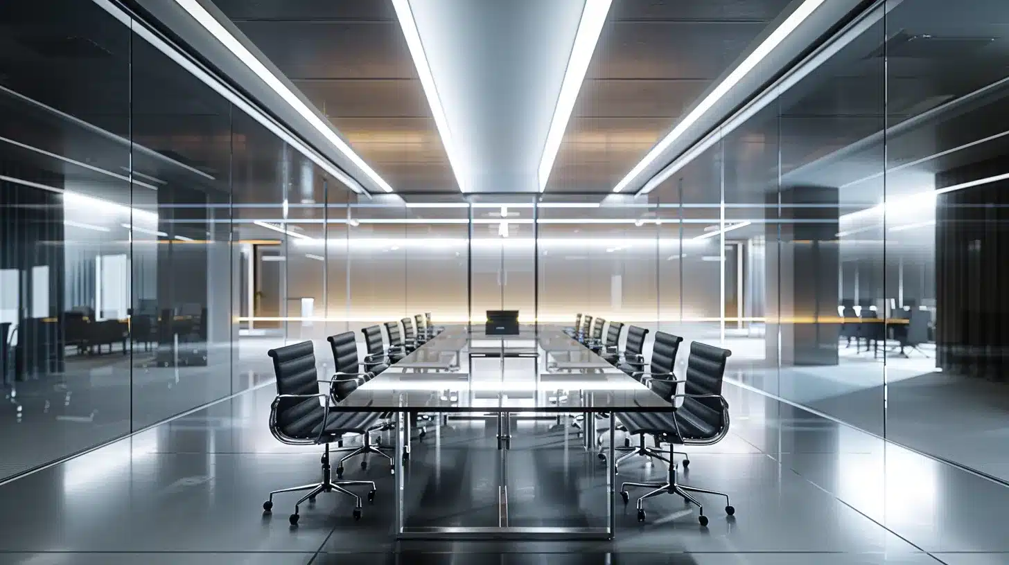 a sleek, modern office interior is illuminated by dynamic overhead lighting, featuring a glass conference table surrounded by high-backed chairs, emphasizing a collaborative business atmosphere.