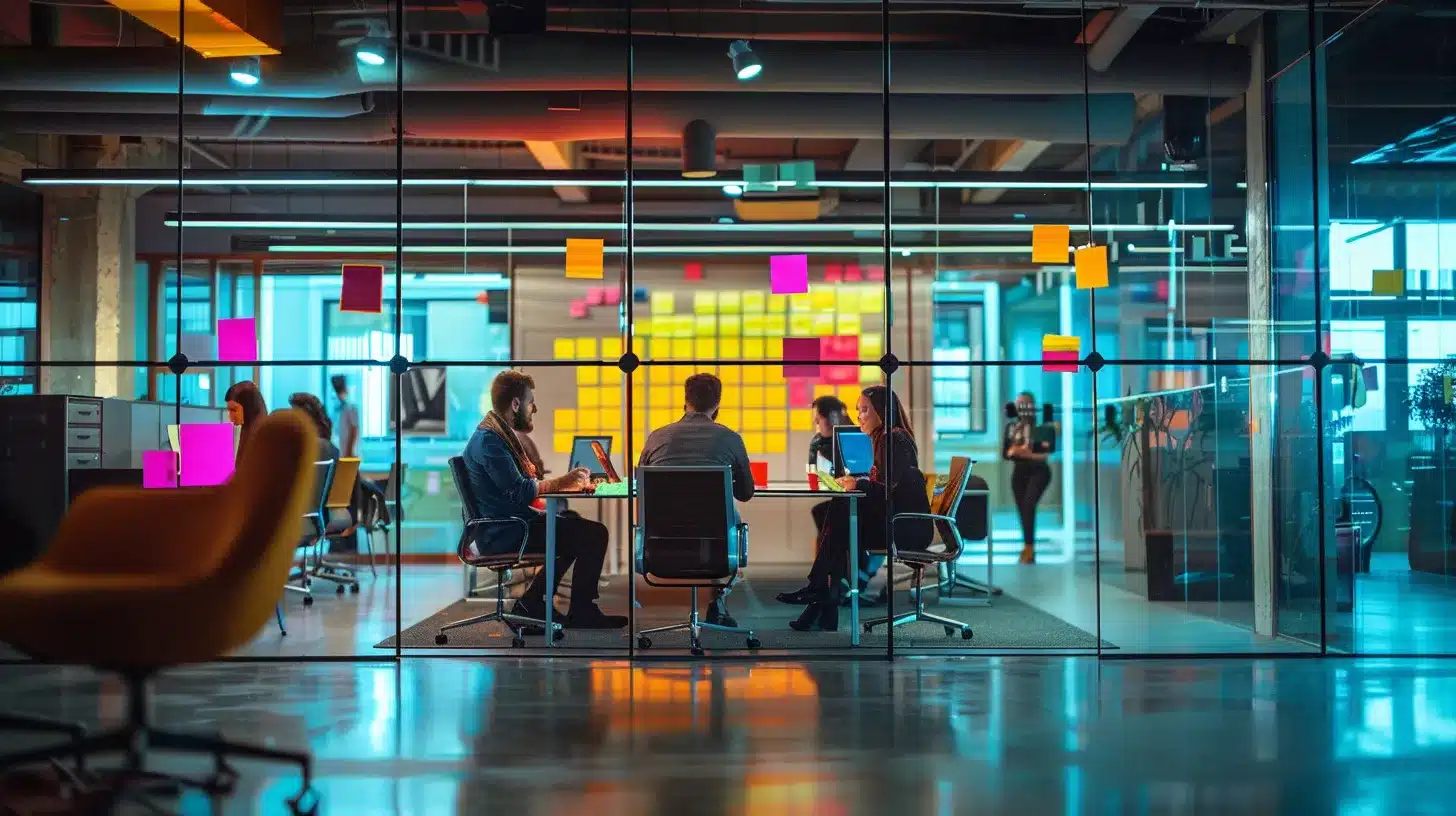 a sleek, modern office space featuring a dynamic team in a vibrant brainstorming session, surrounded by large screens displaying innovative project ideas and colorful sticky notes on glass walls.