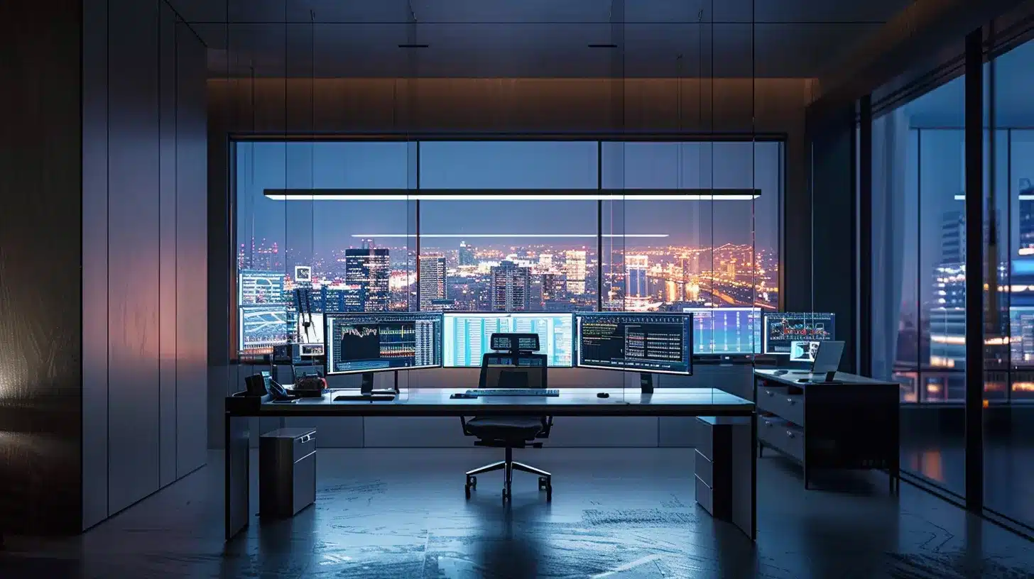 a sleek, modern office space is illuminated by dramatic lighting, showcasing a high-tech workstation with multiple screens displaying complex data analytics, emphasizing an atmosphere of innovation and productivity.