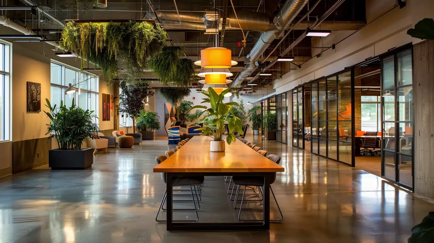 a sleek, modern office space, illuminated by dramatic overhead lighting, showcases a large conference table surrounded by stylish chairs, conveying a sense of collaboration and innovation.