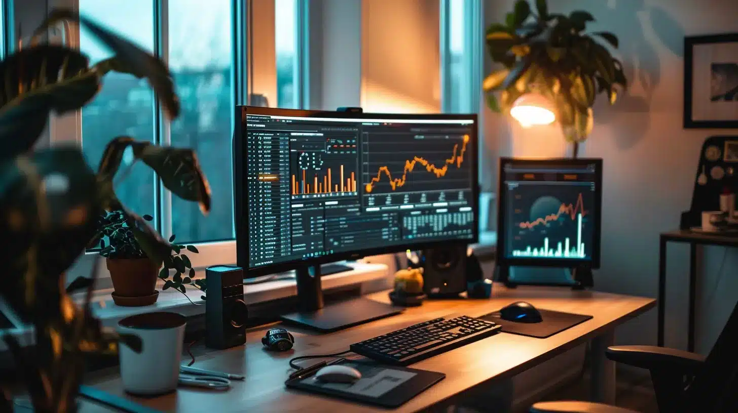 a sleek, modern workspace featuring a large screen displaying a detailed comparison chart of top seo tools like semrush, ahrefs, and moz pro, bathed in soft, natural light that invites focused analysis.