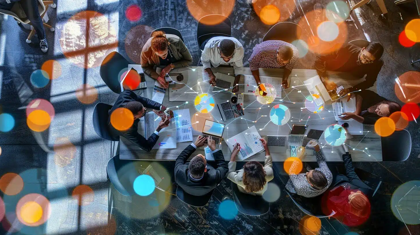 a vibrant digital landscape showcases a diverse group of professionals engaged in a collaborative discussion, surrounded by visual representations of successful seo strategies and metrics, symbolizing the power of effective seo tools in achieving marketing success.