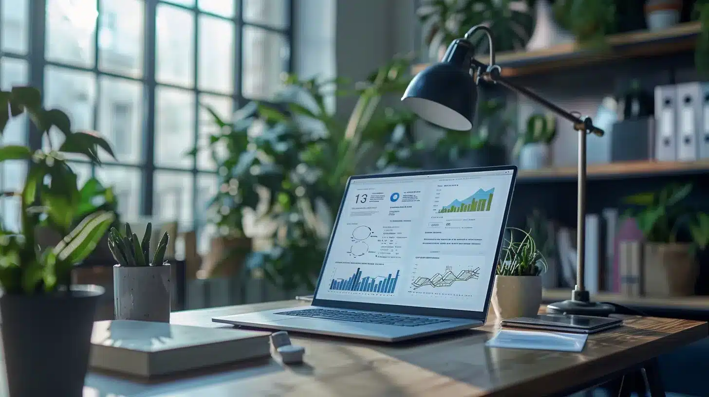 a visually striking composition of a modern workspace bathed in natural light, featuring a sleek laptop open to a vibrant infographic depicting seo trends and strategies, symbolizing informed decision-making in digital marketing.