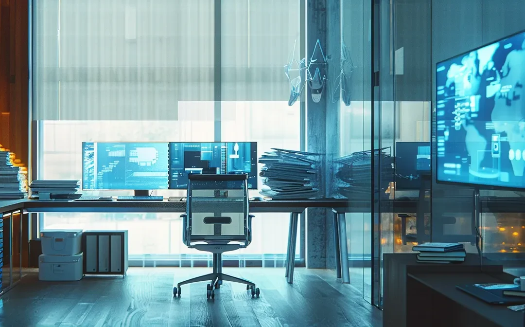 a sleek, modern office setting features two contrasting workspaces, one bustling with collaborative technology and open screens illustrating api testing strategies, while the other showcases traditional testing methods with stacks of paperwork and outdated equipment, highlighting their key differences.