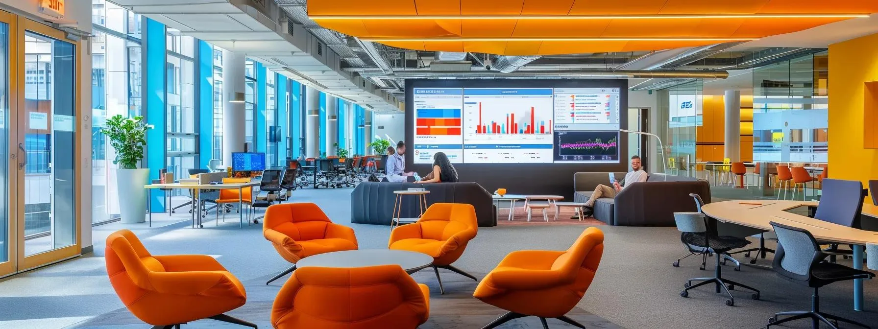 a dynamic office setting showcases a large digital screen displaying intricate graphs and analytics from premier seo content optimisation plugins, while a focused digital marketer reviews data insights amidst sleek, contemporary furnishings.
