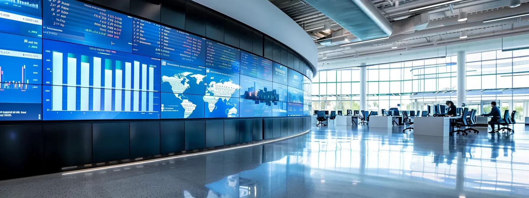 a modern office space filled with large screens displaying analytics dashboards and optimisation metrics, illustrating the strategic use of content optimisation plugins for enhancing seo results.