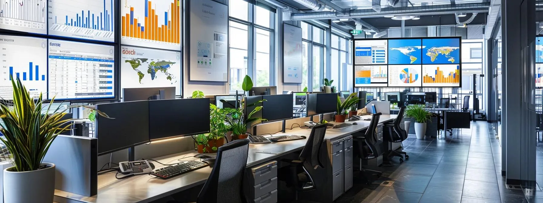 a modern office workspace is filled with vibrant digital charts and analytics on multiple screens, showcasing insights from top content optimisation plugins, emphasising seo performance and opportunities for enhancement.
