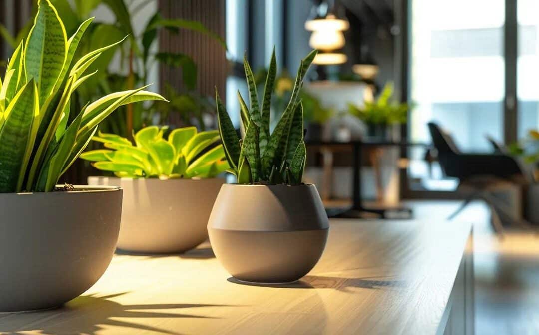a modern, stylish office interior showcases a vibrant arrangement of diverse indoor plants in elegant pots, enhancing the sleek desk and contemporary furnishings with a refreshing pop of color.