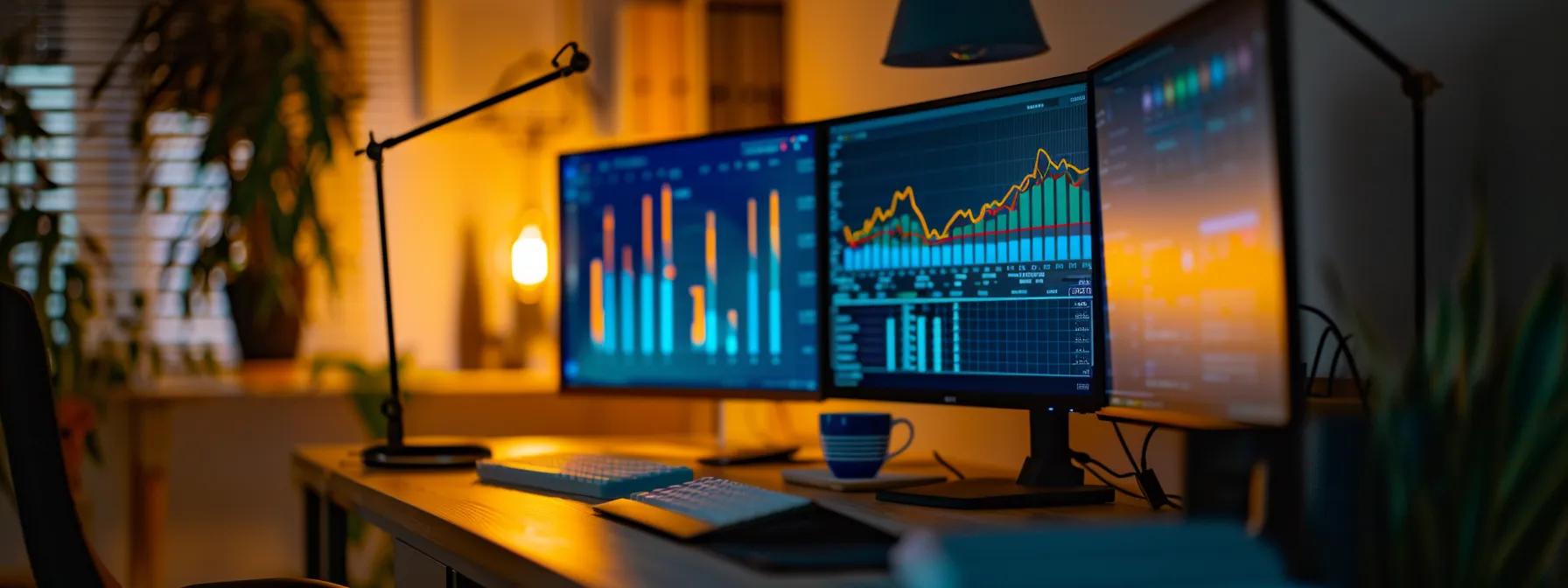 a sleek, modern office desk adorned with dual monitors displaying vibrant analytical charts and graphs, illuminated by a warm desk lamp, highlights a digital marketer's focused evaluation of content optimisation plugins for boosting seo performance.