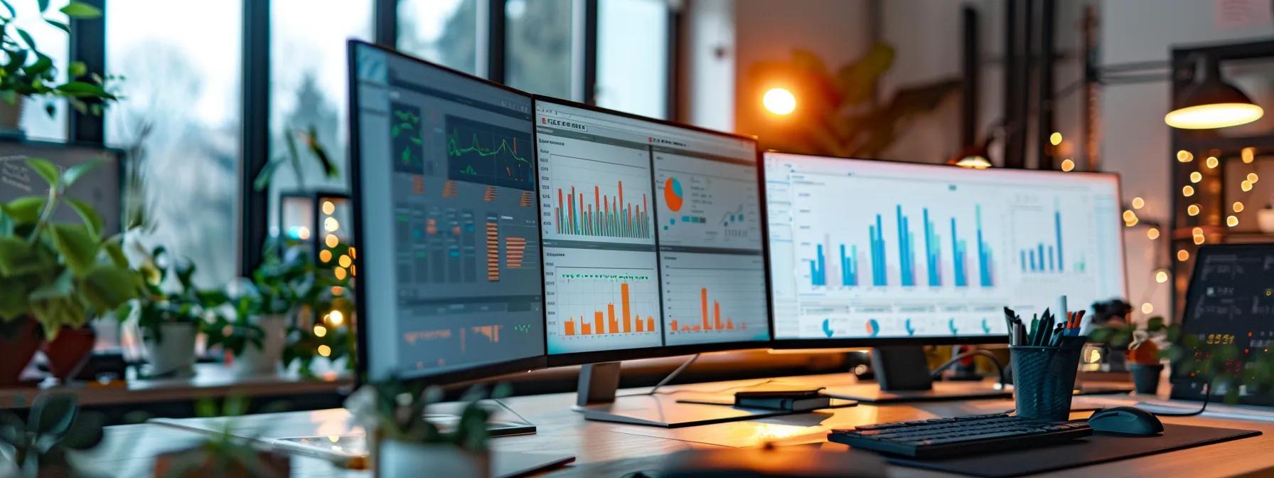 a sleek, modern office workspace showcases multiple computer screens displaying complex seo analytics dashboards, illuminated by soft, focused lighting that highlights the seamless integration of marketing tools and the intuitive usability of the software.
