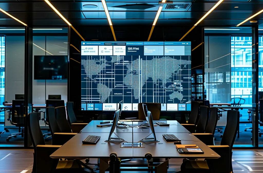 a sleek, modern office workspace features a large digital screen displaying an intricate infographic of internet connectivity, surrounded by high-tech devices and vibrant, engaging light accents that emphasize the theme of digital education.