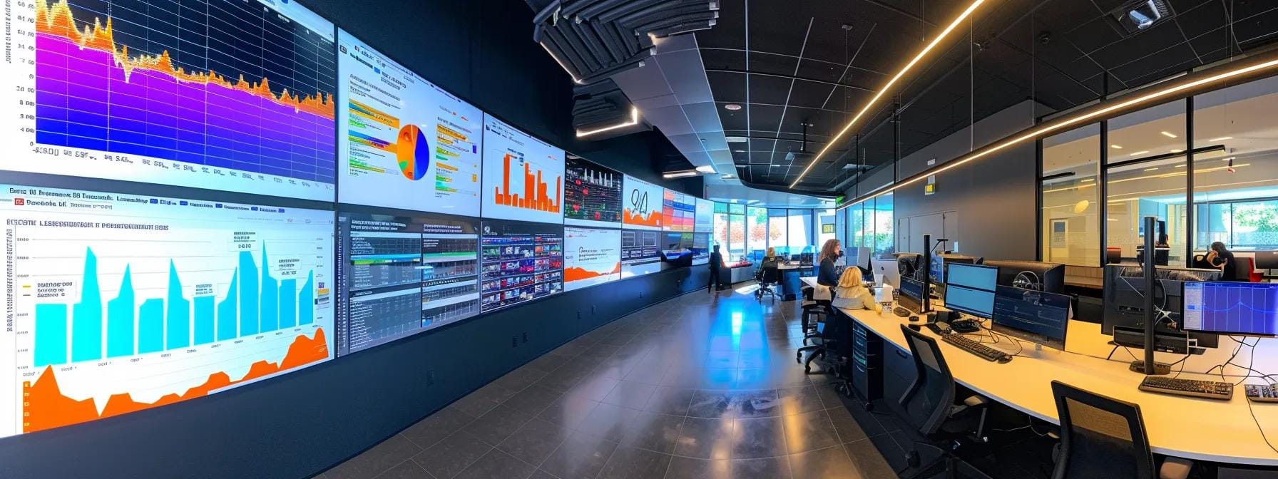 a sleek, modern office workspace features a large screen displaying vibrant analytics graphs and charts, capturing the dynamic impact of seo software investments, with a backdrop of sophisticated tech and professional equipment that signifies strategic digital marketing efforts.