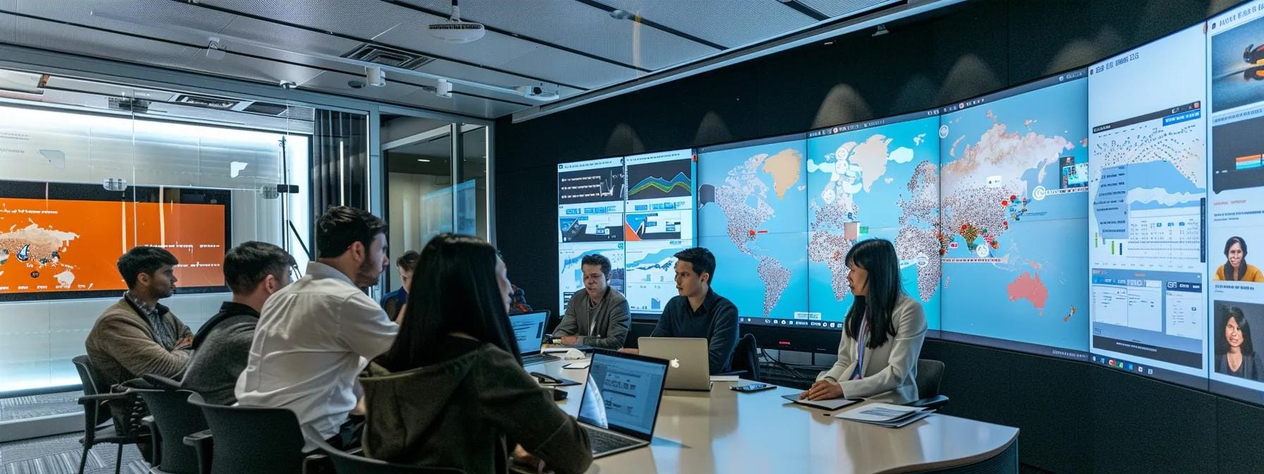 a sleek office environment showcases a diverse group of professionals engaged in an animated discussion around a modern conference table, with laptop screens displaying analytical data and seo metrics, emphasising the strategic selection of content optimisation plugins.