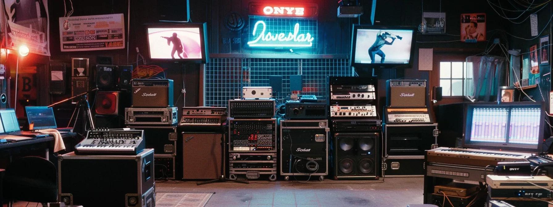 a vibrant 1980s-inspired urban music studio with neon lights, featuring diverse musicians passionately engaged in recording sessions across genres like new wave, heavy metal, and hip-hop, encapsulating the eclectic soundscape of the era. a vibrant 1980s-inspired urban music studio with neon lights, featuring diverse musicians passionately engaged in recording sessions across genres like new wave, heavy metal, and hip-hop, encapsulating the eclectic soundscape of the era.