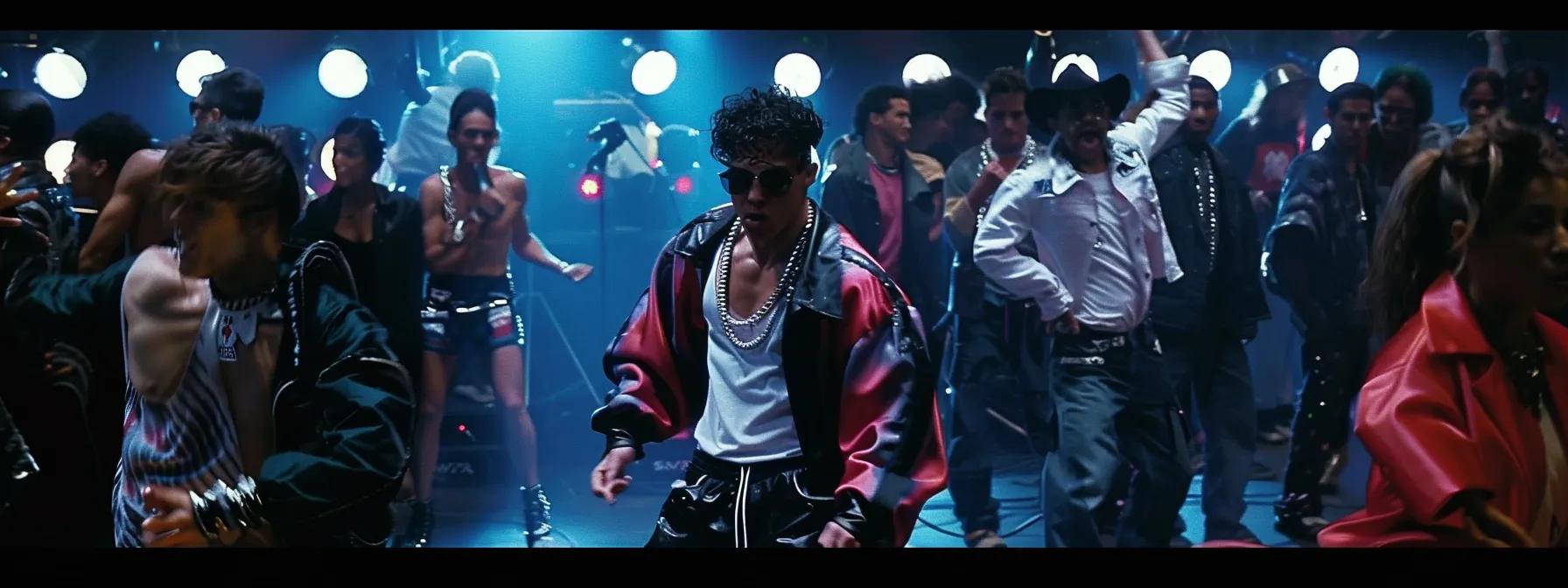 a vibrant 1980s music video set showcases bold costumes and dramatic lighting as a charismatic performer captivates an audience with an electrifying dance routine, illustrating the era's fusion of sound and visual artistry. a vibrant 1980s music video set showcases bold costumes and dramatic lighting as a charismatic performer captivates an audience with an electrifying dance routine, illustrating the era's fusion of sound and visual artistry.