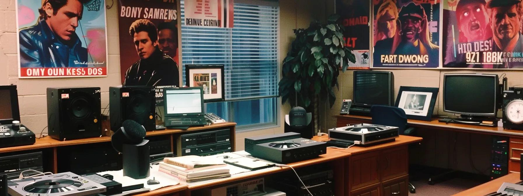 a vibrant 1980s radio studio is alive with dynamic energy as colorful posters of iconic artists like bon jovi and huey lewis adorn the walls, while large vintage microphones capture the excitement of a live on-air discussion buzzing with innovative marketing strategies and vinyl records spinning in the background. a vibrant 1980s radio studio is alive with dynamic energy as colorful posters of iconic artists like bon jovi and huey lewis adorn the walls, while large vintage microphones capture the excitement of a live on-air discussion buzzing with innovative marketing strategies and vinyl records spinning in the background.