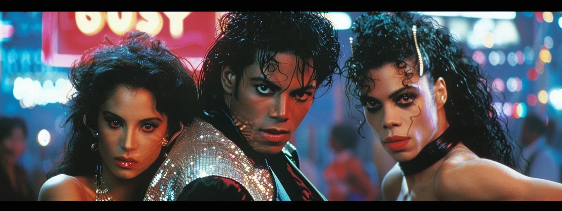 a vibrant collage of iconic 80s musicians, featuring michael jackson in his signature sequined jacket, madonna striking a powerful pose in bold fashion, and prince exuding charisma, all set against a dynamic urban backdrop filled with neon lights and retro music-themed elements. a vibrant collage of iconic 80s musicians, featuring michael jackson in his signature sequined jacket, madonna striking a powerful pose in bold fashion, and prince exuding charisma, all set against a dynamic urban backdrop filled with neon lights and retro music-themed elements.