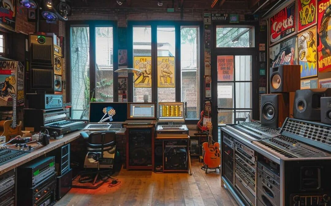 a vibrant urban music studio filled with vintage and modern recording equipment, capturing the dynamic evolution of pop music through colorful posters of iconic artists adorning the walls.