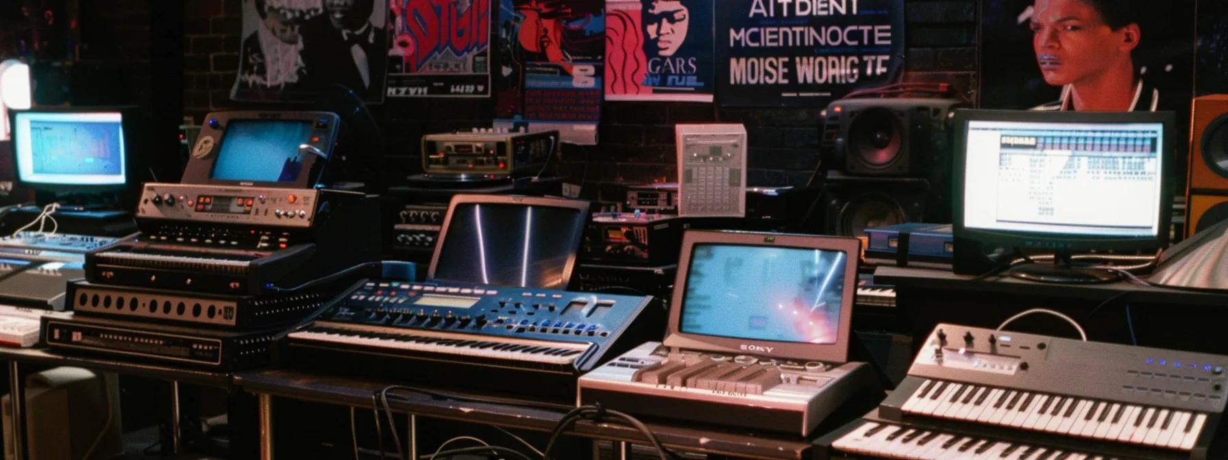 a vibrant urban music studio from the 1980s, featuring retro synthesizers, colorful neon lighting, and iconic posters of madonna and michael jackson, captures the dynamic fusion of rock, pop, and electronic elements that defined the era's cultural and musical revolution. a vibrant urban music studio from the 1980s, featuring retro synthesizers, colorful neon lighting, and iconic posters of madonna and michael jackson, captures the dynamic fusion of rock, pop, and electronic elements that defined the era's cultural and musical revolution.