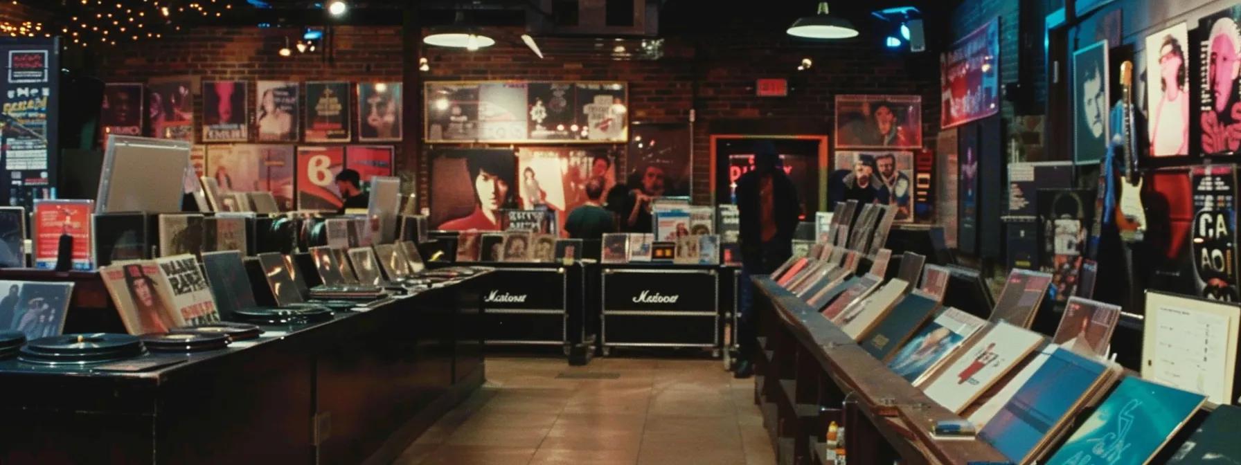 a vibrant urban record store interior showcases a colorful display of 80s music memorabilia, featuring eye-catching vintage concert posters and vinyl records, with enthusiastic collectors immersed in a nostalgic atmosphere filled with retro aesthetics. a vibrant urban record store interior showcases a colorful display of 80s music memorabilia, featuring eye-catching vintage concert posters and vinyl records, with enthusiastic collectors immersed in a nostalgic atmosphere filled with retro aesthetics.