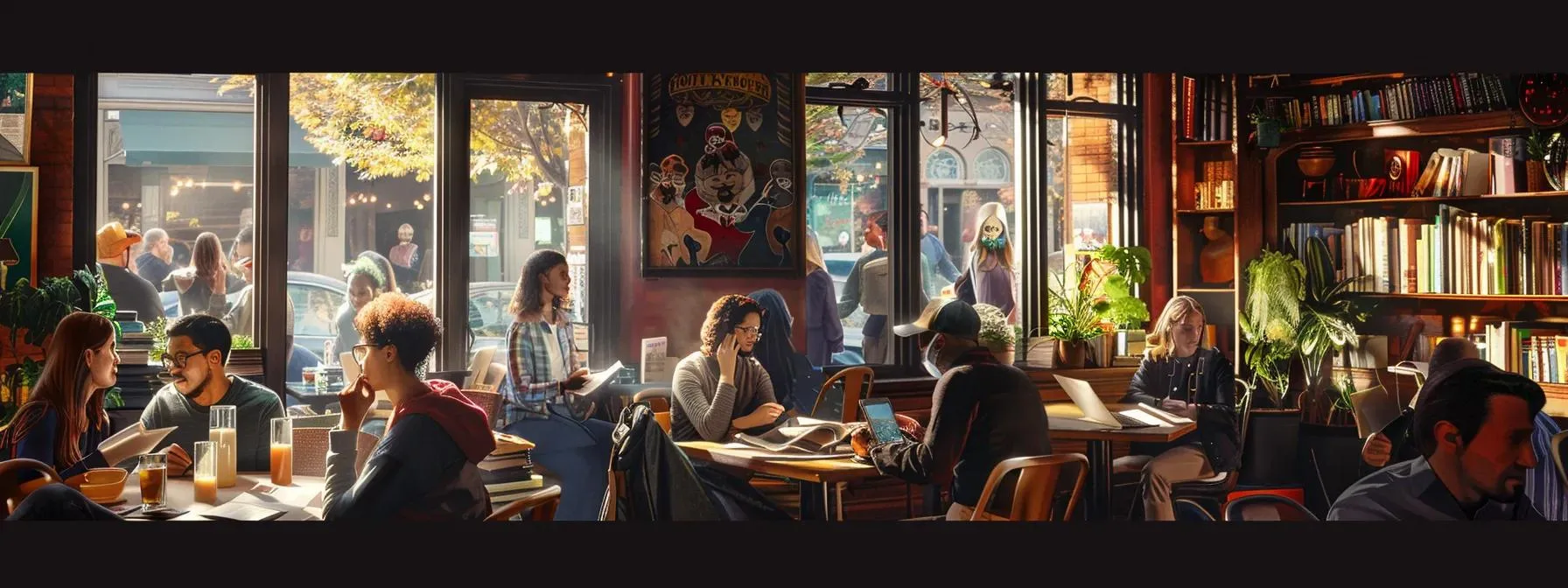 a contemplative urban café scene features a diverse group of individuals engaged in deep conversation, surrounded by books and art, symbolizing the rich, intrinsic value of human life and connection.