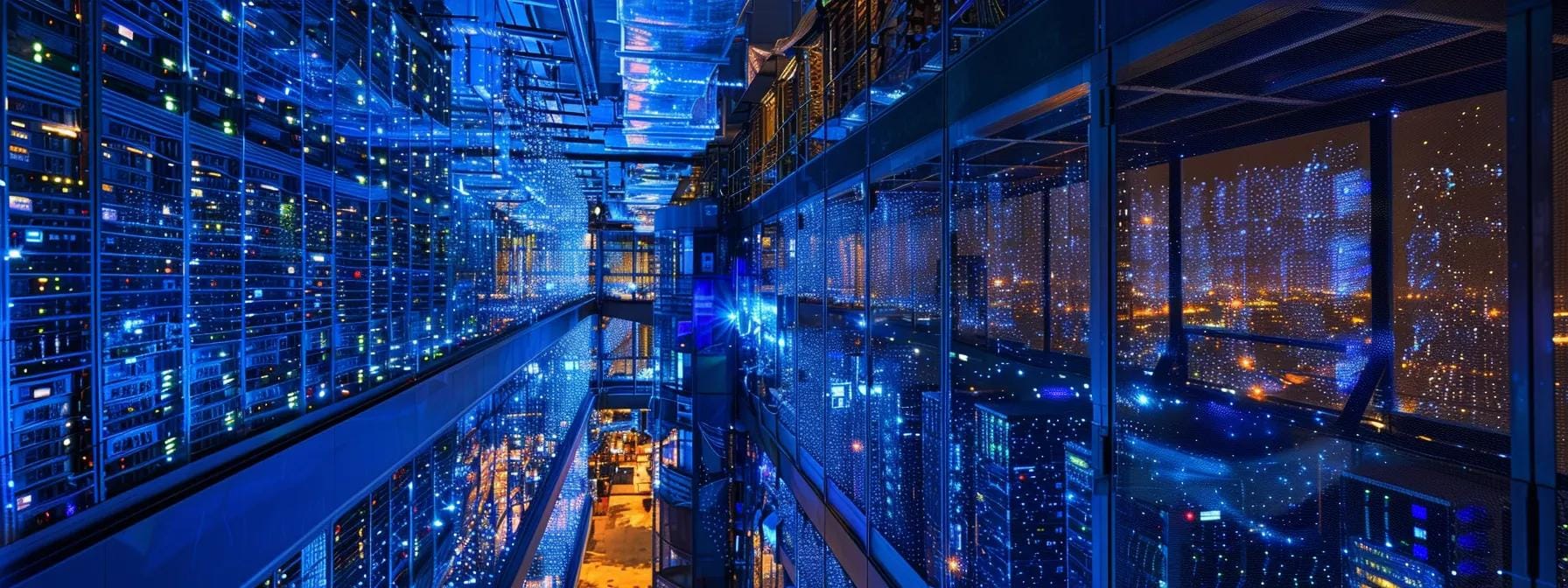 a dynamic urban data center, illuminated by cool blue led lights, showcases rows of server racks pulsating with activity, symbolizing the intricate web of internet protocols facilitating seamless global connectivity.