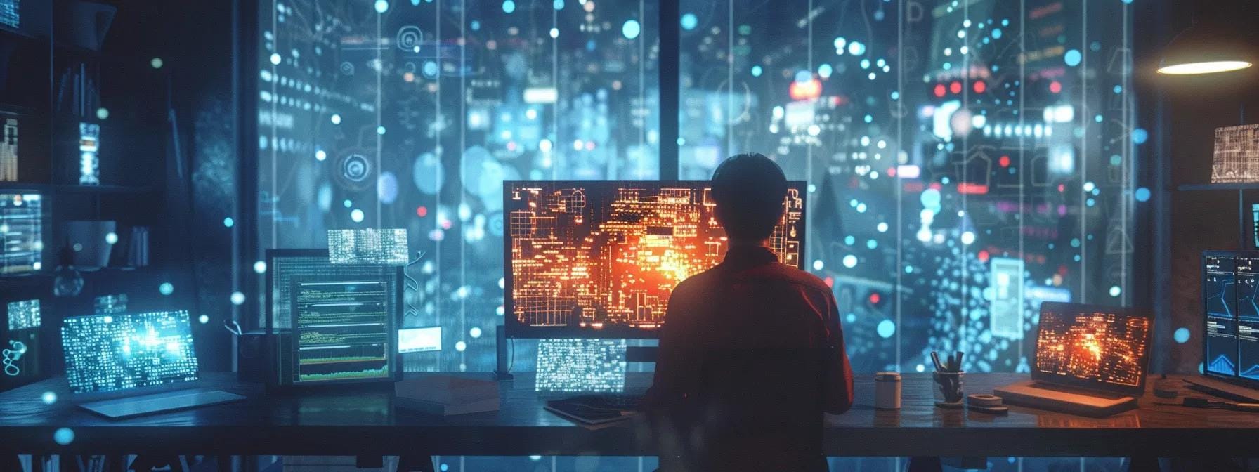 a focused office scene featuring a business professional analysing seo performance metrics on a large screen, surrounded by data visualisations that illustrate gaps in web visibility and optimised content strategies.