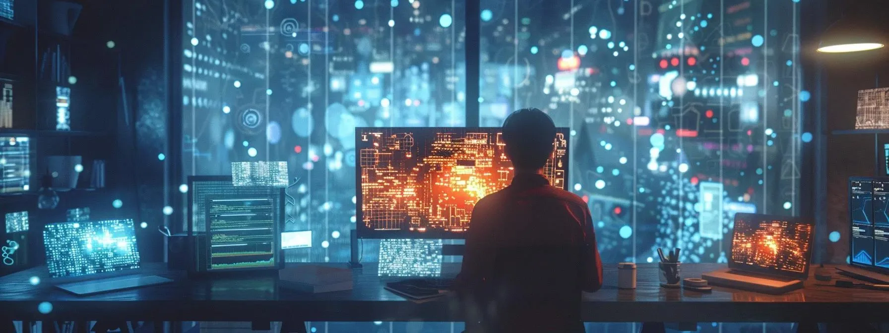 a focused office scene featuring a business professional analysing seo performance metrics on a large screen, surrounded by data visualisations that illustrate gaps in web visibility and optimised content strategies.