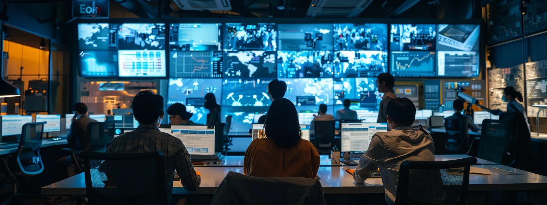 a focused office scene showcases a diverse team gathered around a sleek conference table, engaged in dynamic discussions while analysing data on multiple screens, symbolising the strategic decision-making process for selecting the ideal seo tool.