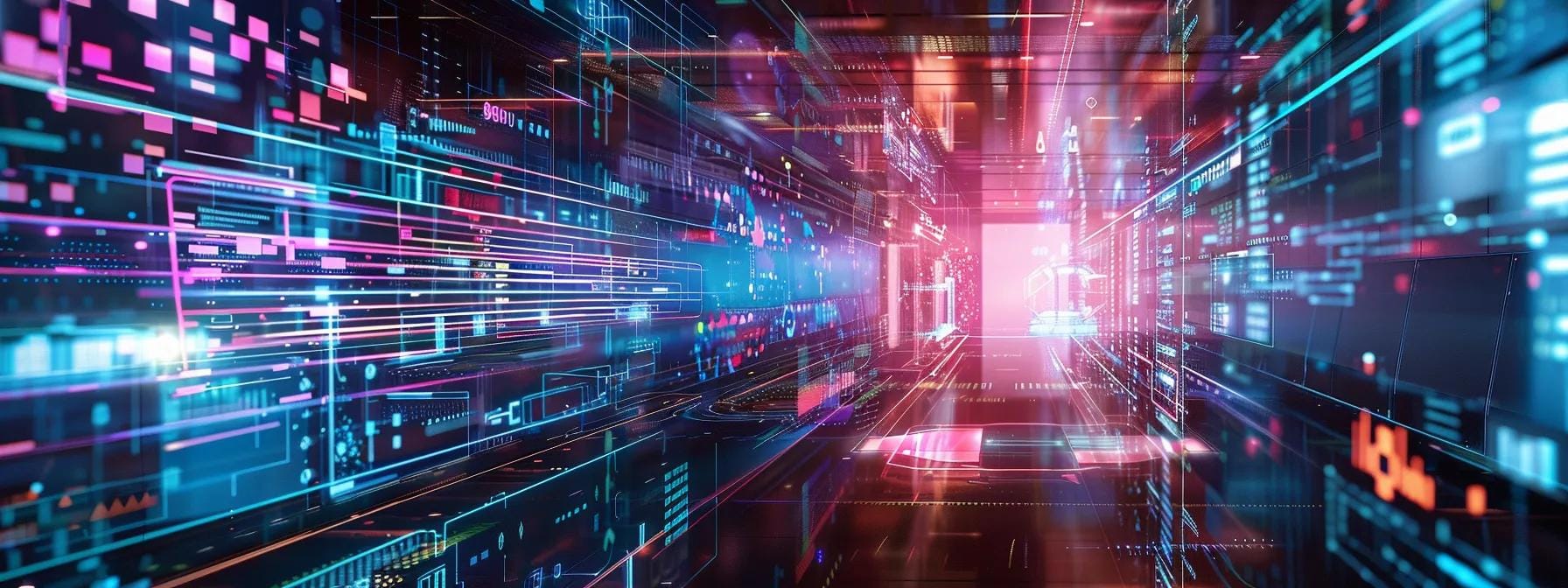 a futuristic office space showcases advanced technology, featuring sleek monitors displaying vibrant data streams and ai interfaces, surrounded by dynamic holographic representations of 5g networks and iot devices seamlessly interacting.