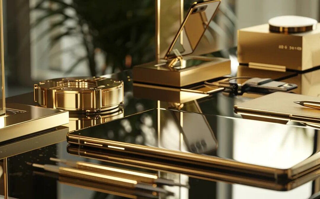 Gold-plated gadgets displayed on a velvet background, showcasing luxury technology.