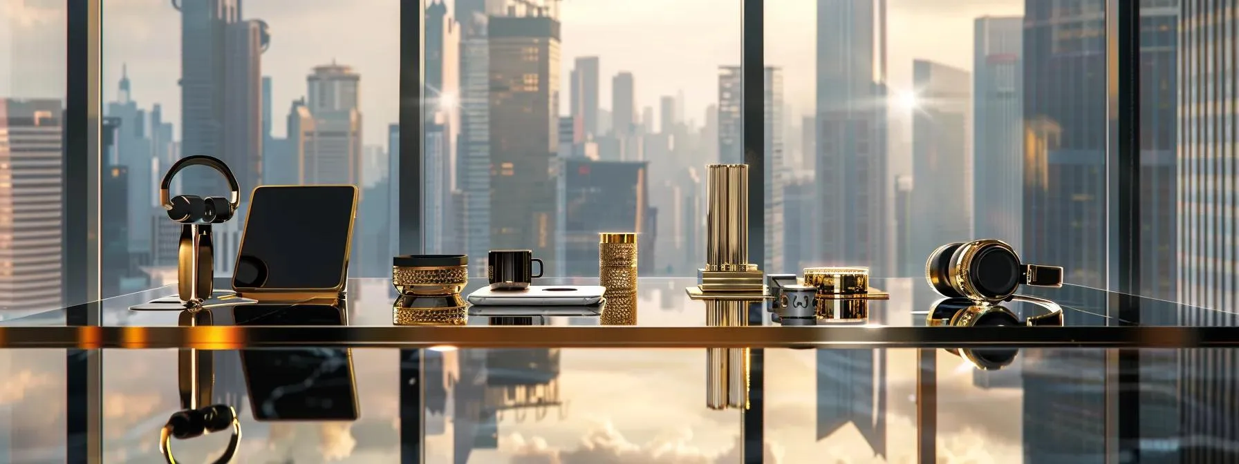 Gold-plated gadgets displayed with emphasis on luxury and technical excellence.