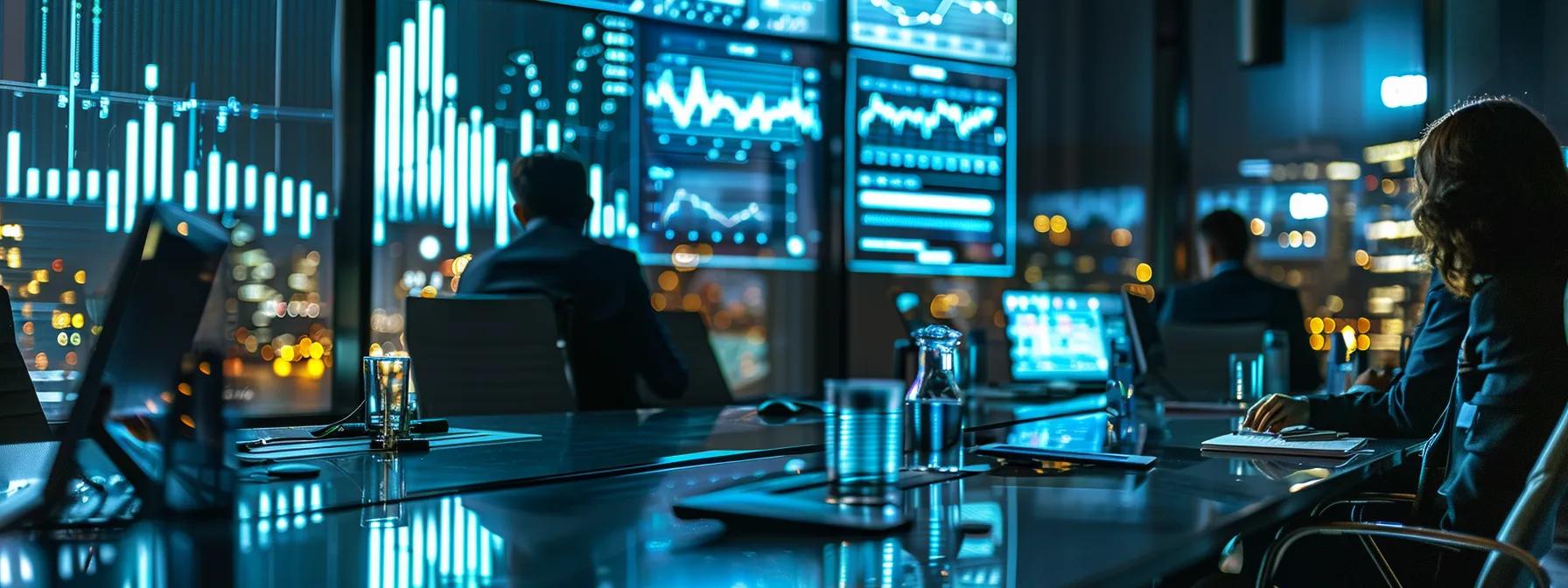 a modern office workspace bustling with digital marketers discussing strategies around a sleek conference table, with multiple screens displaying analytics and visual representations of seo challenges and solutions.