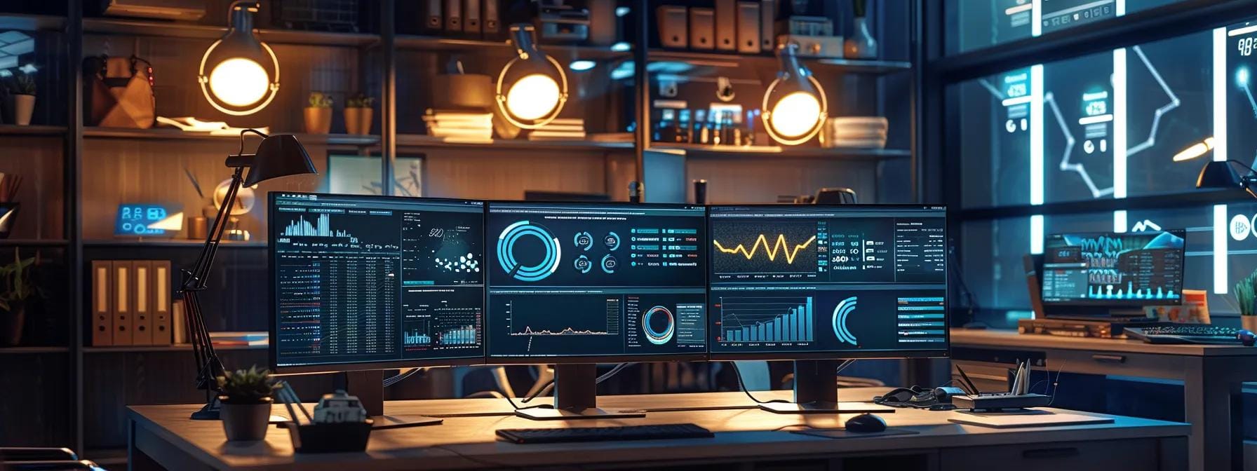 a modern office workspace filled with sleek computers displaying dynamic graphs and analytics dashboards, showcasing professionals engaged in a focused discussion about content optimisation plugins and their impact on seo strategies.