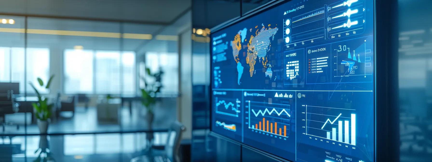 a modern, sleek office space features a large digital display showcasing a dynamic infographic on seo tool pricing models, illuminated by ambient lighting that highlights the detailed subscription tiers and features in an engaging way.