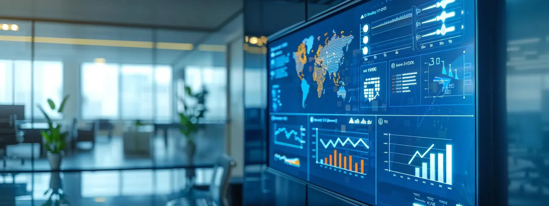 a modern, sleek office space features a large digital display showcasing a dynamic infographic on seo tool pricing models, illuminated by ambient lighting that highlights the detailed subscription tiers and features in an engaging way.