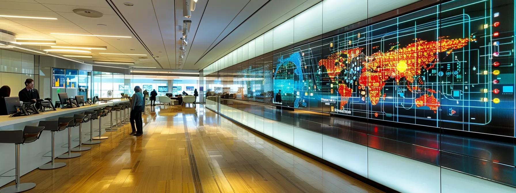 a sleek, modern office environment showcases glowing screens displaying intricate network diagrams and data flows, emphasizing the complexity and connectivity that underpin the internet's architecture.