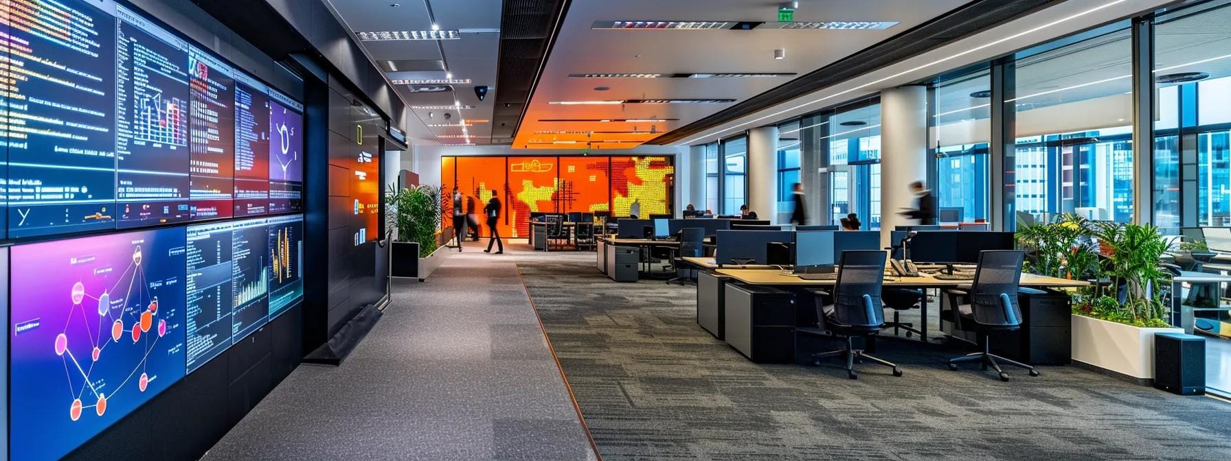 a sleek, modern office workspace filled with digital screens displaying data encryption graphics and network flow diagrams, embodying the advanced technology and security protocols of the internet era.