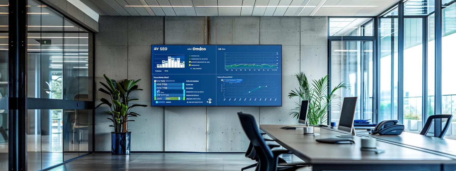 a sleek, modern office workspace features a large digital screen displaying a detailed dashboard of seo tool features, surrounded by high-tech devices and an atmosphere of focused collaboration.