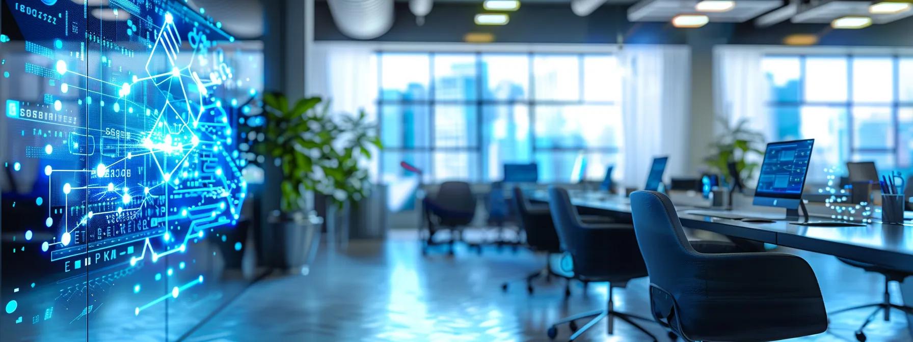 a sleek, modern office workspace filled with high-tech devices, illuminated by cool blue lighting, showcases a large digital screen displaying intricate cybersecurity graphics and data encryption symbols, emphasizing the importance of online security measures in a digital era.