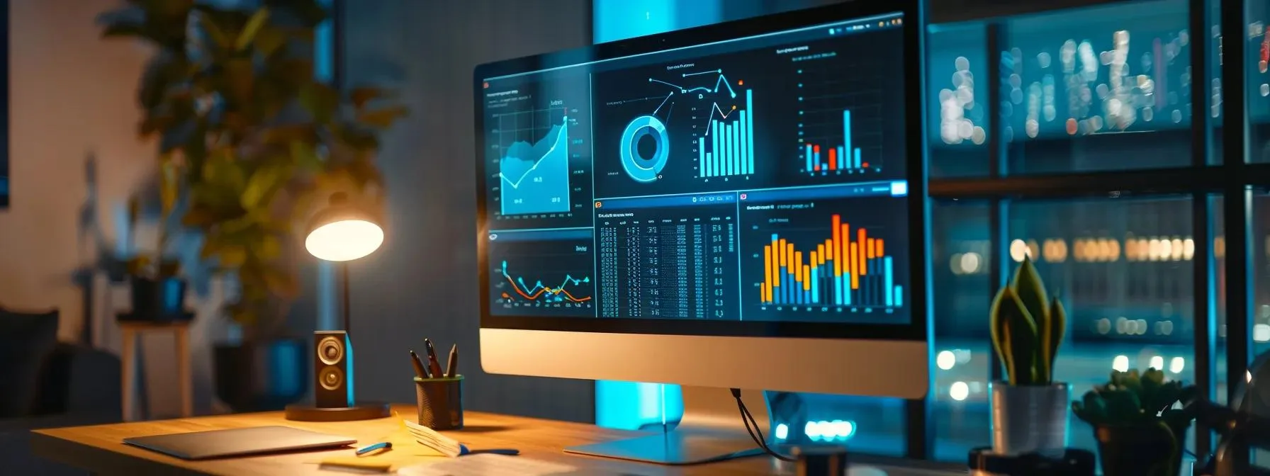 a sleek, modern office workspace showcases a large computer screen displaying vibrant analytics and optimisation metrics, illuminated by focused task lighting, symbolising the dynamic world of seo and content optimisation.