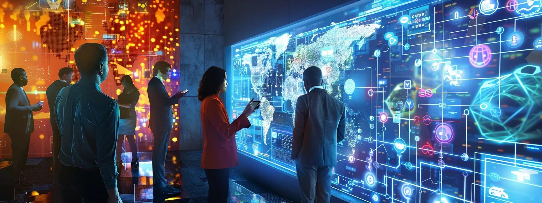 a vibrant, modern office setting features a diverse group of professionals engaged in a dynamic discussion around a large touchscreen displaying social media analytics, highlighting the profound influence of social media on internet usage patterns.