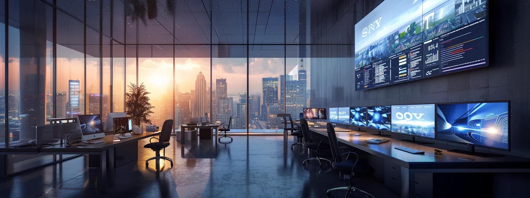 an elegant, modern office workspace showcases multiple screens displaying dynamic websites and applications, emphasizing the interactive digital experiences that define online activities.