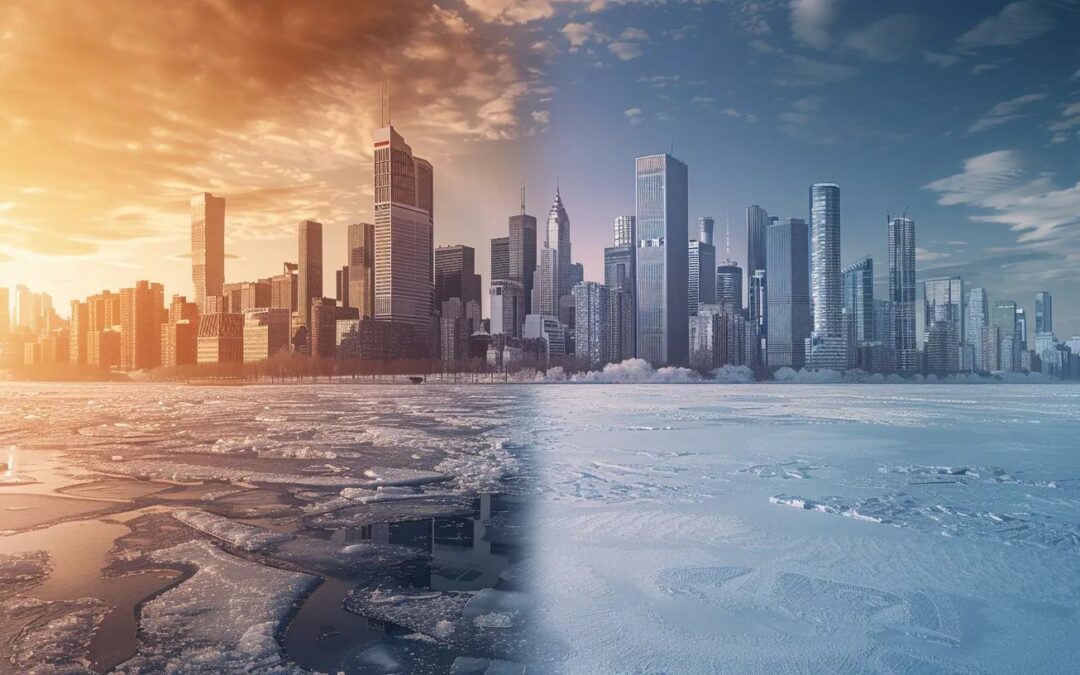 a captivating split-scene showcasing a modern urban cityscape on one side with towering skyscrapers and advanced infrastructure, and a stark, icy landscape on the other, highlighting the lasting impact of the last ice age on today's climate and ecosystems.